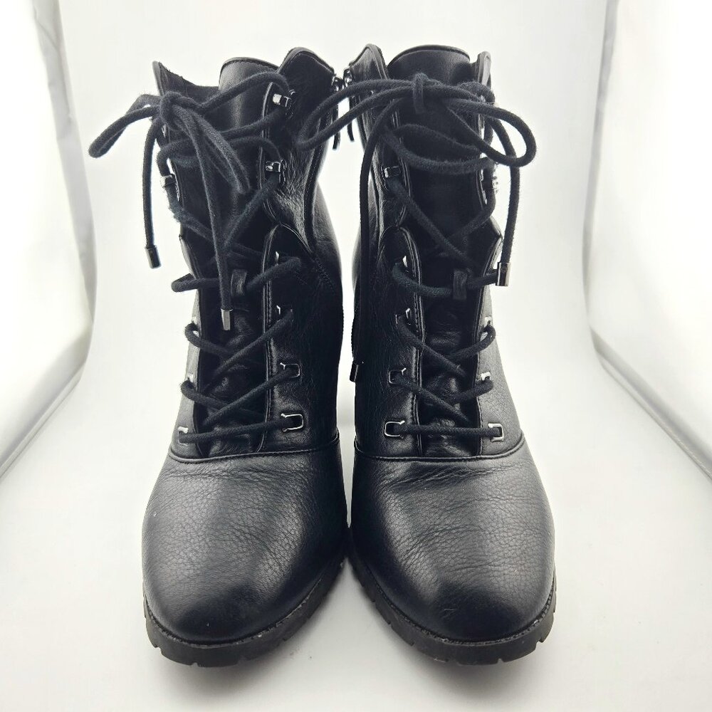 Antonio Melani Black Leather Lace Up Ankle Boots Women’s 9.5M Block Heel